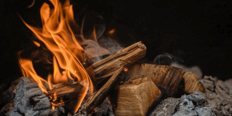 A closeup of a fire against a black background. Half of the wood fuel is fresh, while the other, older half smolders beneath it.
