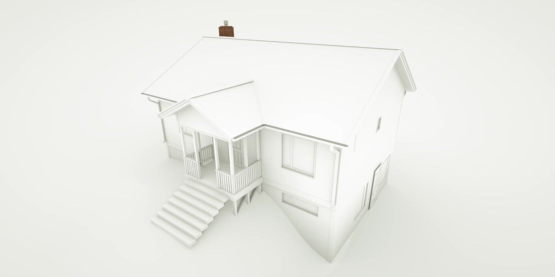 A white, 3D render of a single-story house. It has a chimney, a porch with stairs leading up to it, and its foundation is visible.