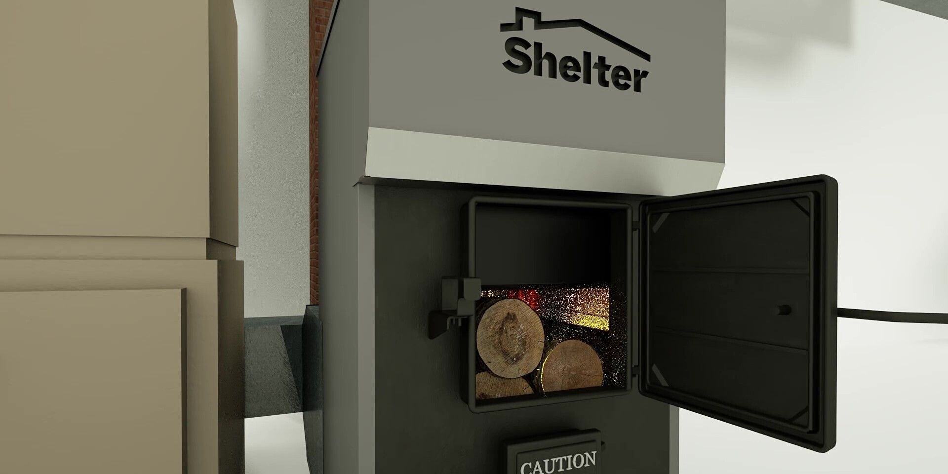 A 3D render of a Shelter wood burning furnace with three logs in the firebox and a fire roaring.