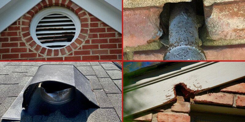 Four examples of rat damage on a home. Starting in the top-left and moving counterclockwise, there's a damaged dormer, a hole around an outdoor faucet, a chewed roof vent, and a chewed facia.