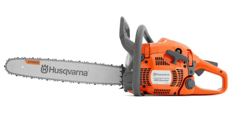 A Husqvarna 450 Rancher gas-powered chainsaw displayed against a white background.
