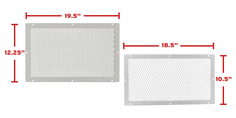 A side-by-side comparison of the 10.5-inch by 18.5-inch foundation vent cover and the 12.25-inch by 19.5-inch foundation vent cover.