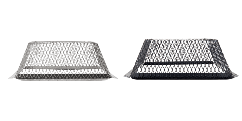 A 16-inch by 16-inch stainless steel roof vent cover alongside a 16-inch by 16-inch black galvanized steel roof vent cover.