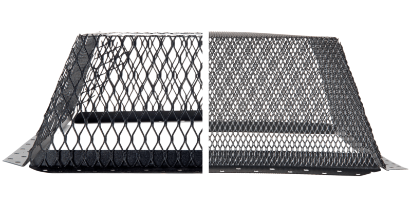 A side-by-side comparison of a black galvanized steel roof vent cover with one-fourth-inch mesh and another with five-eights-inch mesh.