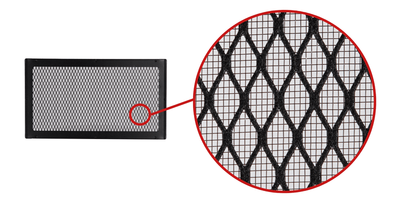 A black HY-GUARD EXCLUSION Foundation Vent Screen with InsectArmor. A portion of the screen is magnified to show the InsectArmor.
