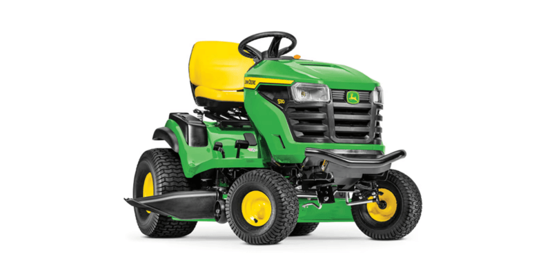 A John Deere S130 riding lawn mower against a white background.