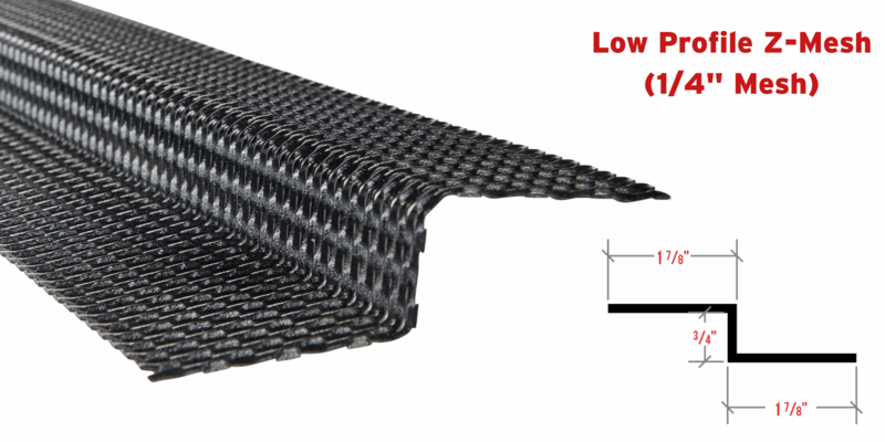 A closeup of the side profile of HY-GUARD EXCLUSION's Low Profile Z-Mesh Pest Armor. A drawing in the bottom corner shows the product's dimensions.