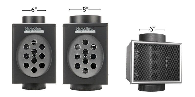 A side-by-side comparison of the 6-inch and 8-inch Magic Heat heat reclaimers next to the 6-inch Miracle Heat reclaimer.