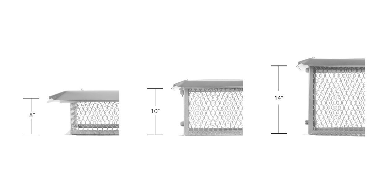 An 8-inch, 10-inch, and 14-inch stainless steel multi-flue chimney cap side by side with markers and numbers to indicate the height of each cap, all against a white background.