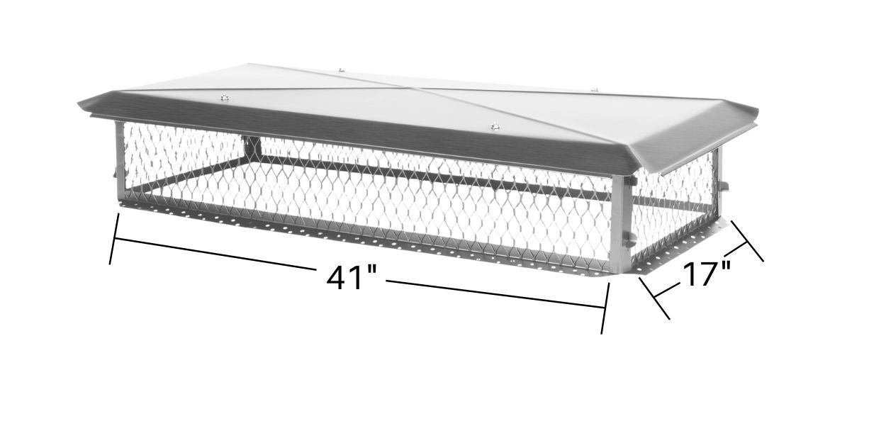 A 41-inch by 17-inch stainless steel multi-flue chimney cap with markers and numbers indicating the length and width of the cap against a white background.