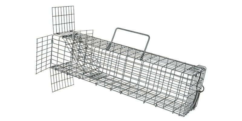 A one-way, cage-style animal trap. The trap is displayed against a white background.
