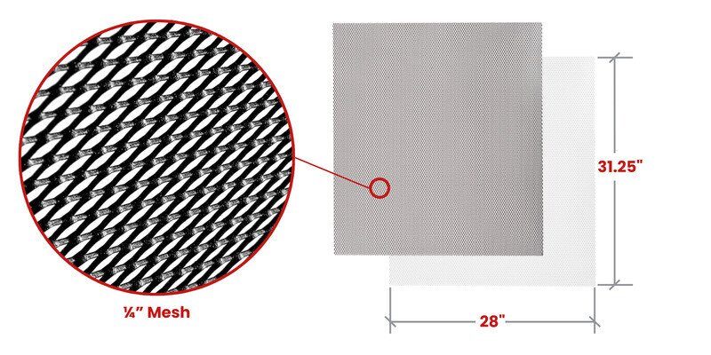 A graphic showing the dimensions of Pest Armor Tight Mesh Panels. A blown-up circle shows a close-up of the panels' mesh size.