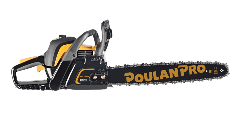 A Poulan Pro PR5020 gas-powered chainsaw displayed against a transparent background.