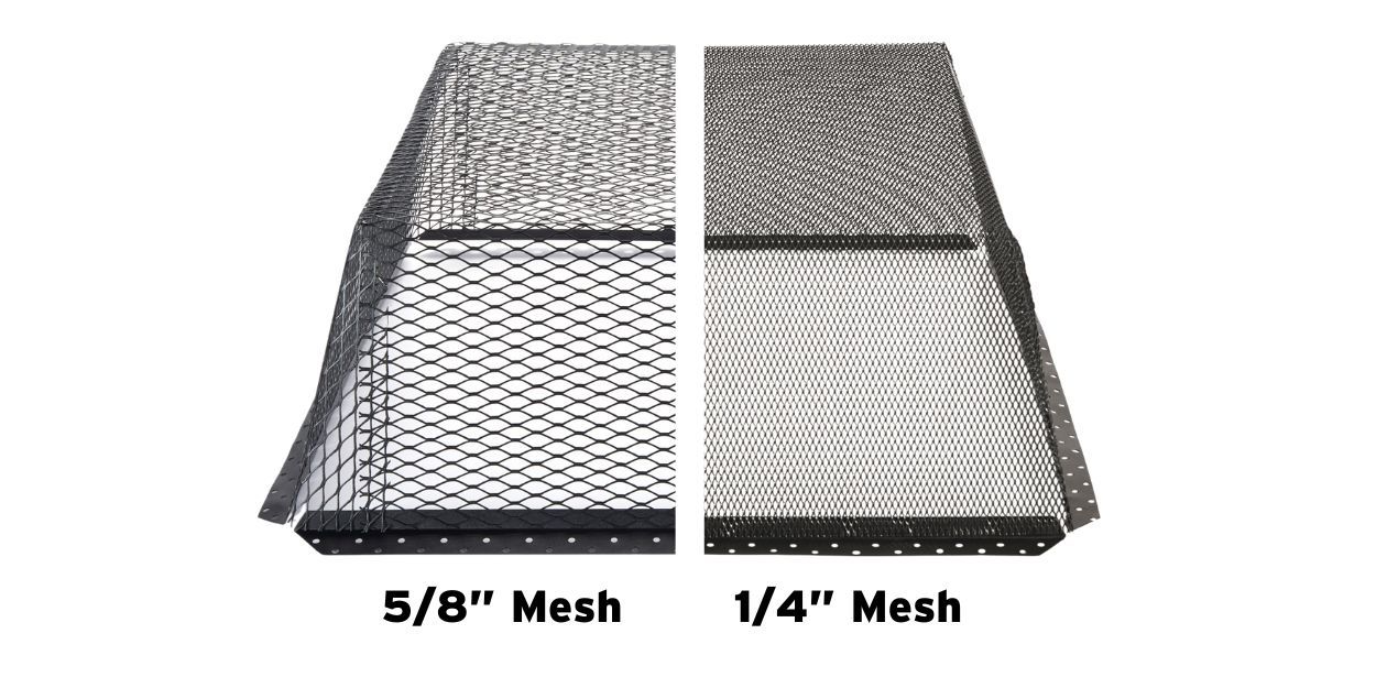 A black galvanized HY-GUARD EXCLUSION roof vent guard with 5/8" mesh next to a black galvanized roof vent guard with 1/4" tight mesh.
