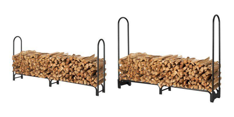 On the left is an extra-large Shelter firewood rack. On the right is an extra-large tall Shelter firewood rack. Each is loaded with firewood.