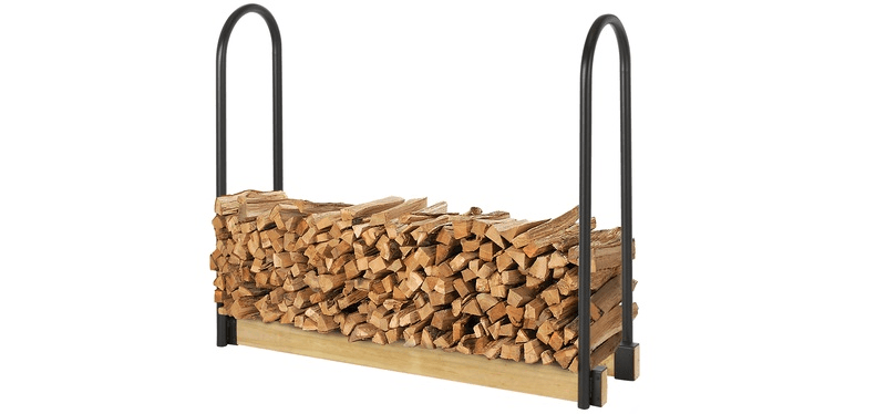 The Shelter Adjustable Log Rack complete with its two horizontal two-by-fours. It's filled with firewood and displayed against a white background.