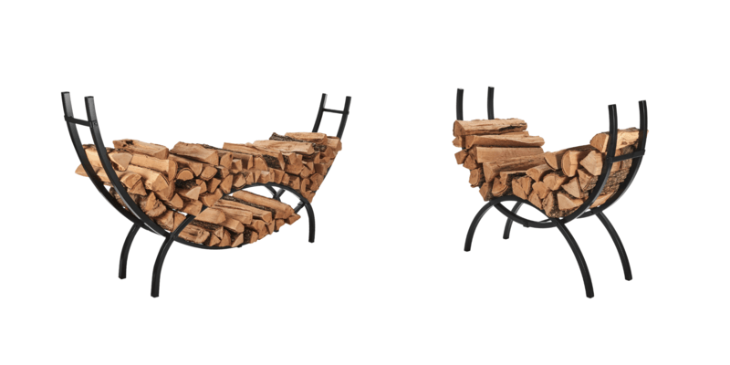 Each size of Shelter Crescent Log Rack displayed side by side against a white background. Both racks have firewood stored on them.