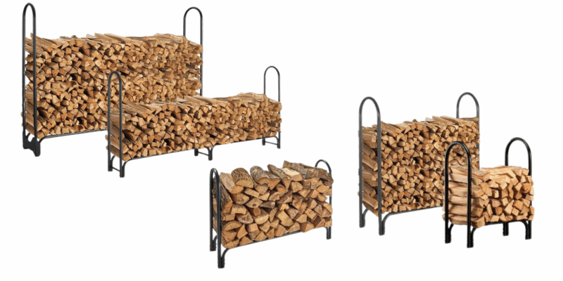 The lineup of Shelter Firewood Racks, all with firewood stored neatly on each style. There are all displayed against a white background.