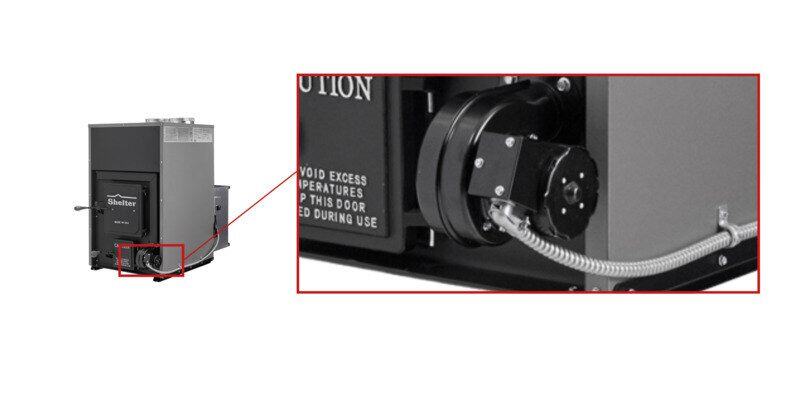 A magnification of the Shelter SF1000E Wood Burning Furnace's draft induction blower.