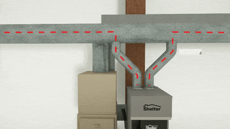 A GIF of a Shelter wood burning furnace connected to HVAC ductwork. There are moving red lines indicating the direction in which the heat blows.