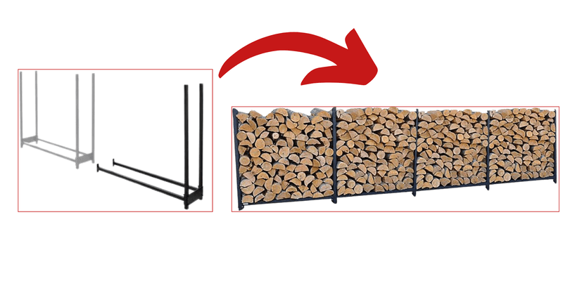 A diagram showing the Extension Piece of the Shelter Heavy Duty Firewood Rack being used to extend the size of the rack.