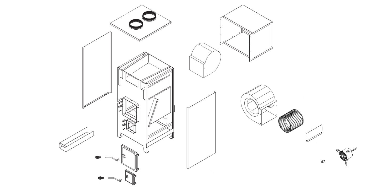 An exploded view of all the fabricated parts that make up a Shelter SF1000E wood burning furnace. They are displayed on a white background.