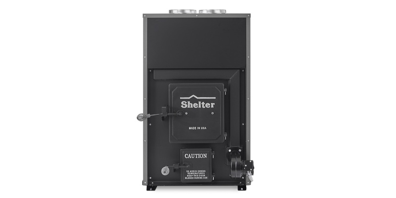 A straight-on shot of a Shelter SF1000E wood burning furnace displayed against a white background.