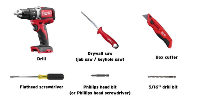 A drill, drywall saw, box cutter, flathead screwdriver, Phillips head bit, and five-sixteenths-inch drill bit all displayed against a white background.