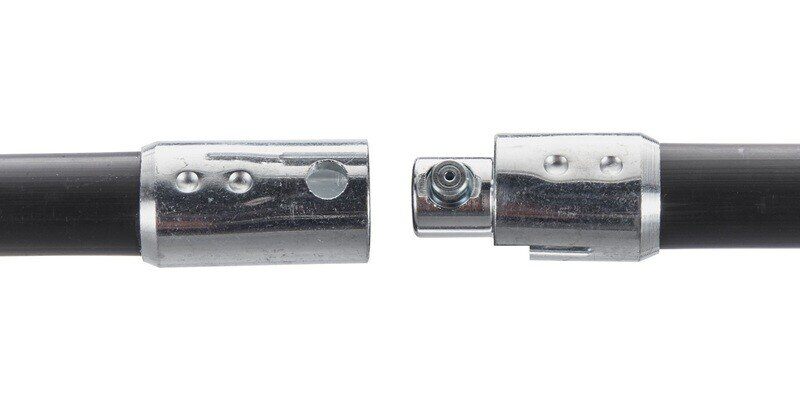 A closeup of the button-style connection of the black rods of a SootEater masonry chimney cleaning kit.