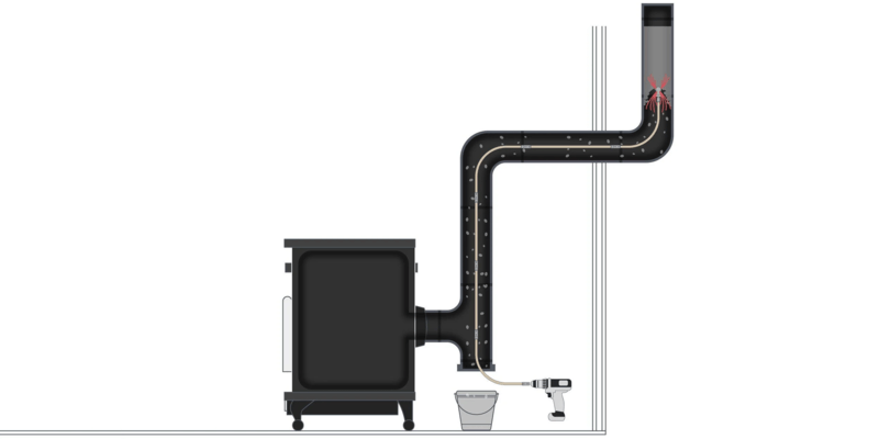 A diagram of a SootEater chimney liner cleaning kit being used to clean the flue of a wood stove.