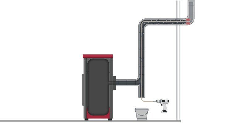 A diagram of a SootEater pellet stove chimney kit being used to clean the chimney of a pellet stove.