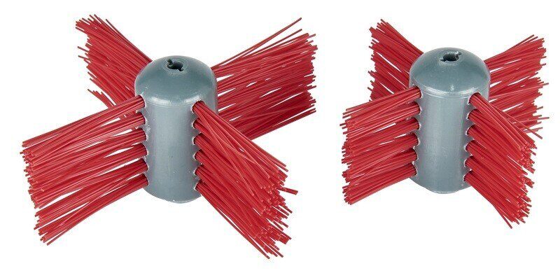 The 3-inch and 4-inch brush heads of a SootEater pellet stove chimney cleaning kit side by side against a white background.
