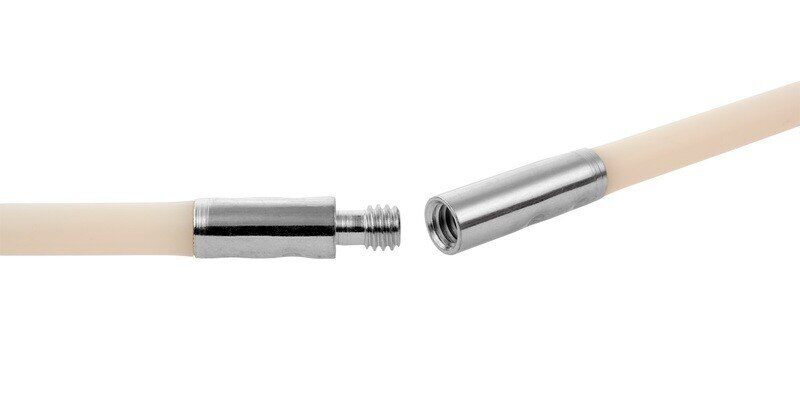 A closeup of the screw-on connection point of a SootEater pellet stove chimney cleaning kit's rods.