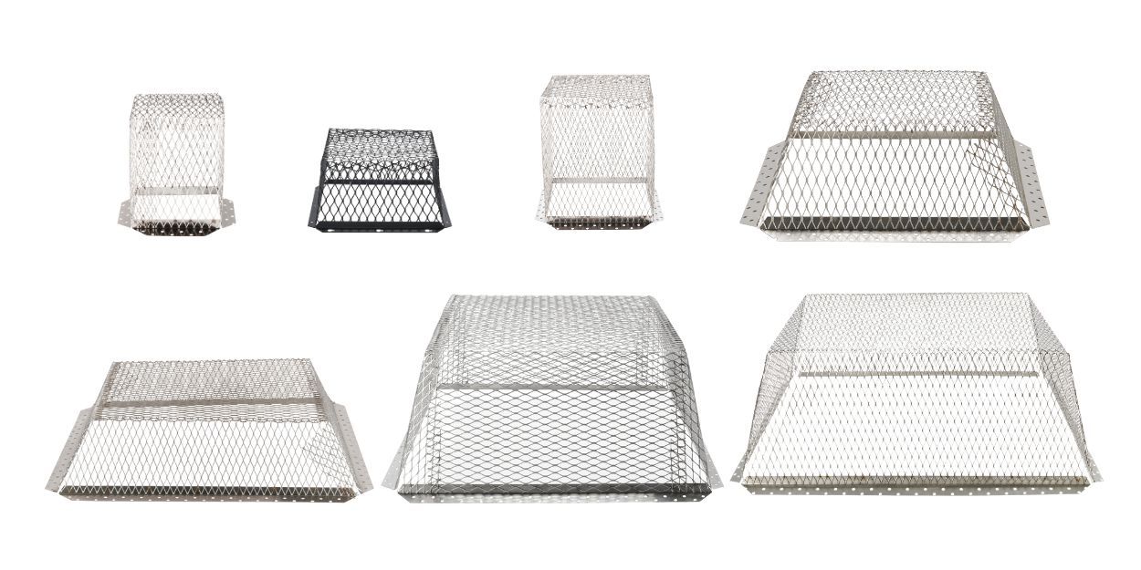The entire family of all 7 stainless steel HY-GUARD EXCLUSION roof vent guards against a white background.