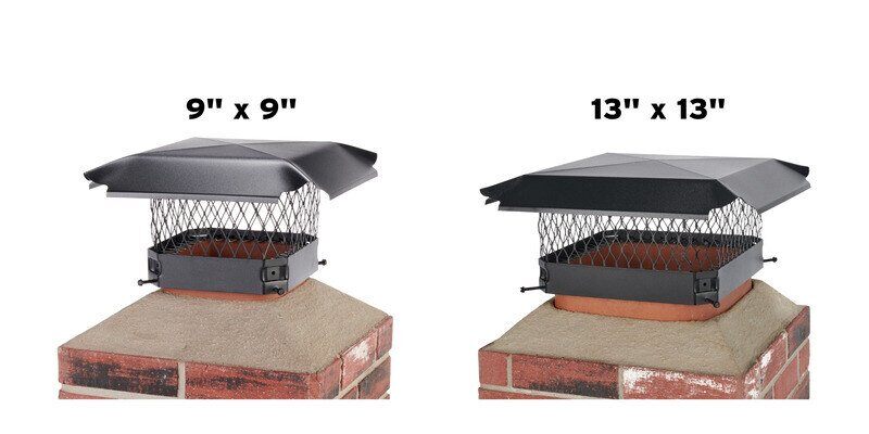 A nine-by-nine and thirteen-by-thirteen black galvanized steel chimney cap displayed next to each other. Both caps are mounted on chimney flues.
