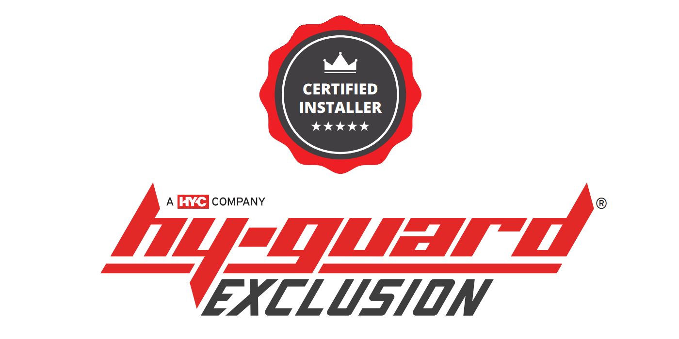 A certified installer seal with the HY-GUARD EXCLUSION logo beneath it, all against a white background.