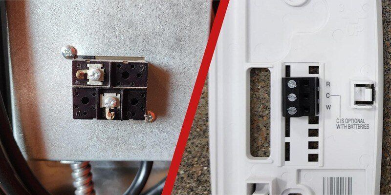 A side-by-side depiction of the Fire Chief FC1000E's thermostat connection point and the connection terminals on the thermostat itself.