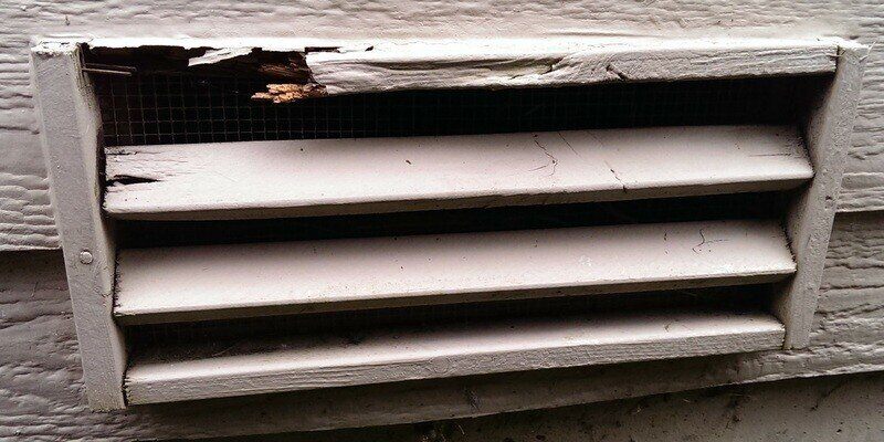 A wooden foundation vent that is showing signs of age. It is cracked and deteriorating in its upper-left-hand corner.