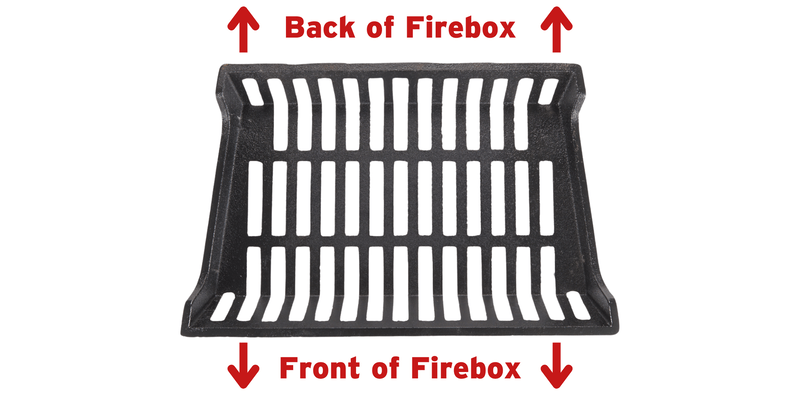 A top-down view of a fireplace grate that is tapered (i.e., shorter in the back and longer in the front). There are labels showing each direction the long end and short end should face.