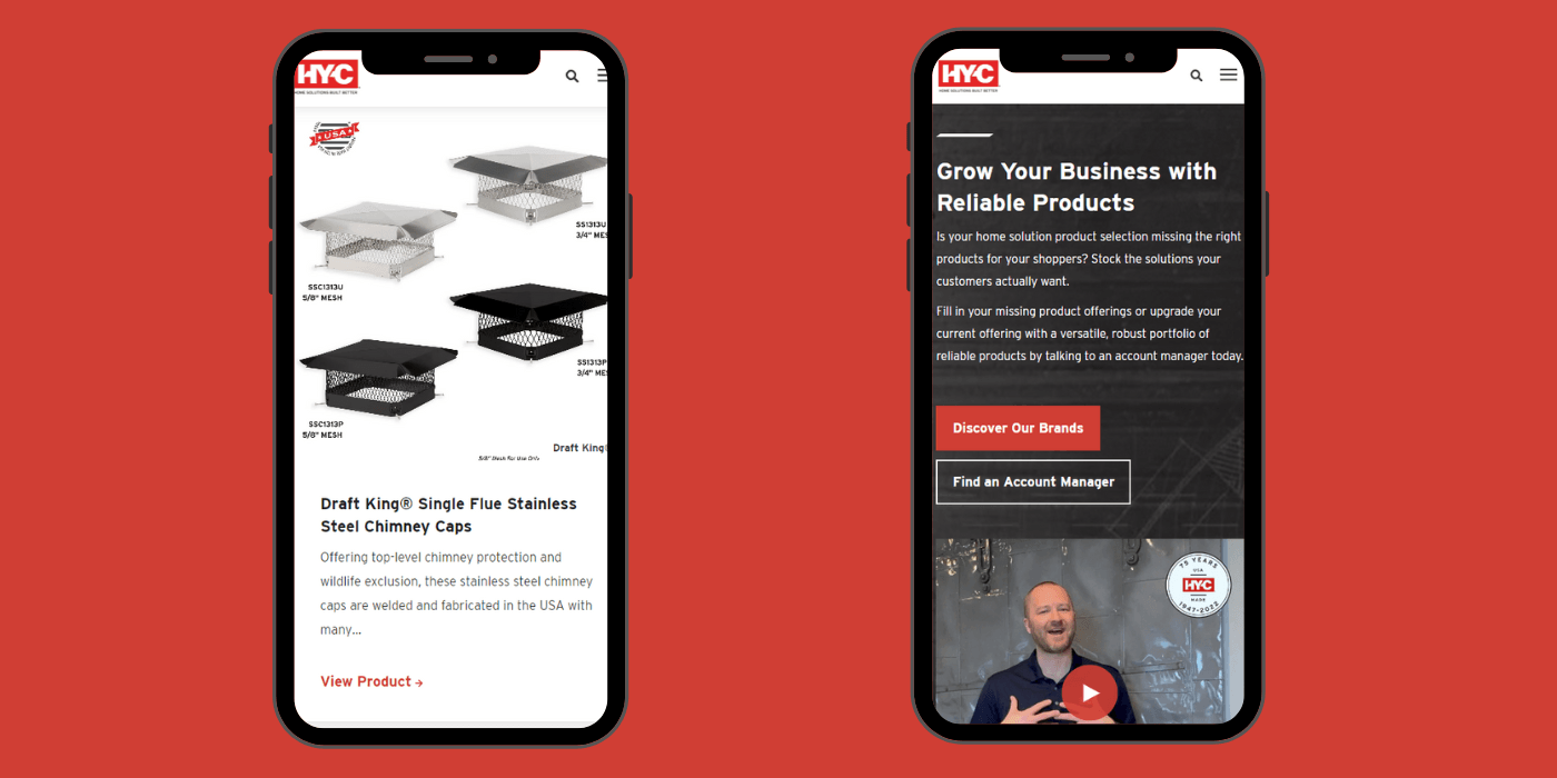 Two mobile phones against a red background. The one on the left features the product description page for HY-C's selection of single flue stainless steel chimney caps. The one on the right features HY-C's sales partners homepage.