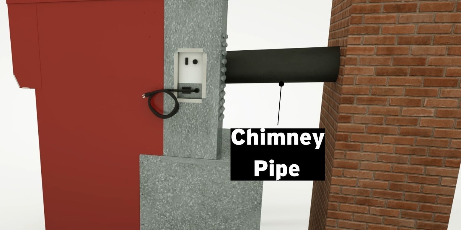 A Fire Chief wood furnace with a black chimney pipe connected to a chimney. The chimney pipe is labeled with a black box and white text.