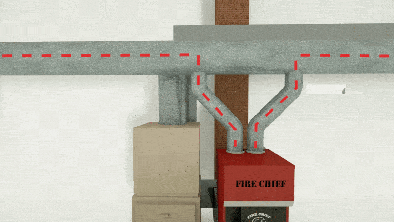 A GIF of a Fire Chief wood furnace connected to HVAC ductwork with moving red dashes to demonstrate the flow of hot air from the furnace into the ducts.