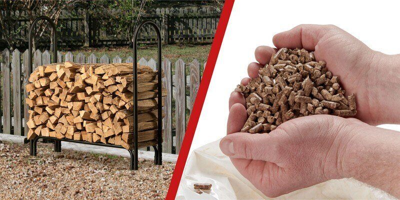 On the left is a Shelter firewood rack filled with firewood. On the right is a pair of hands holding a handful of pellets. A red line separates them.