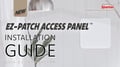 Video graphic of Shelter EZ-Patch Access Panel Installation Guide text and lifestyle image