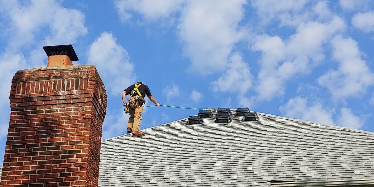 A man on a roof with safety gear and a tether. He stands in front of roof vents covered with HY-GUARD EXCLUSION Roof VentGuards. There is a chimney with a black galvanized HY-C chimney cap in the foreground.