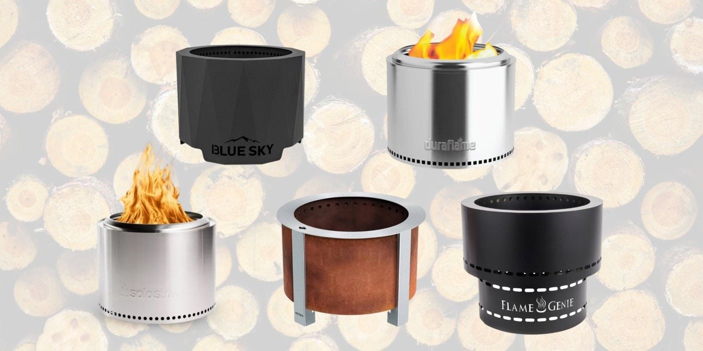 Thumbnail images of a smokeless fire pits from Blue Sky, Solo Stove, Duraflame, Breeo, and Flame Genie against a transparent cord wood background.
