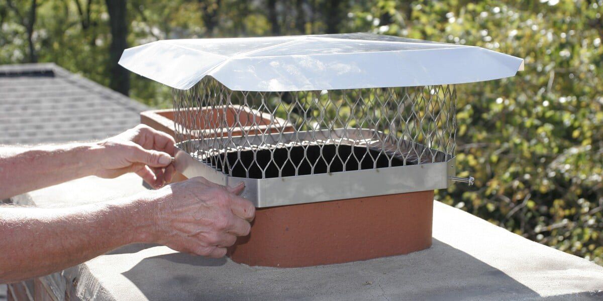 A person placing a stainless steel Draft King chimney cap on an exposed chimney flue tile.