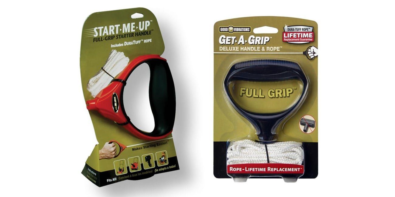 A Good Vibrations Start-Me-Up and Get-A-Grip replacement pull cords in their retail packaging against a white background.