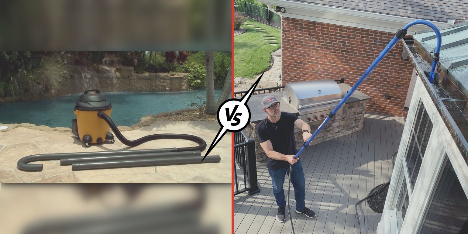 An image of a Gutter Clutter Buster connected to a yellow wet/dry vacuum on the left, separated by a red bar with a man using a GutterSweep rotary cleaning brush to clean gutters on the right. There is a versus symbol in the middle of the two.