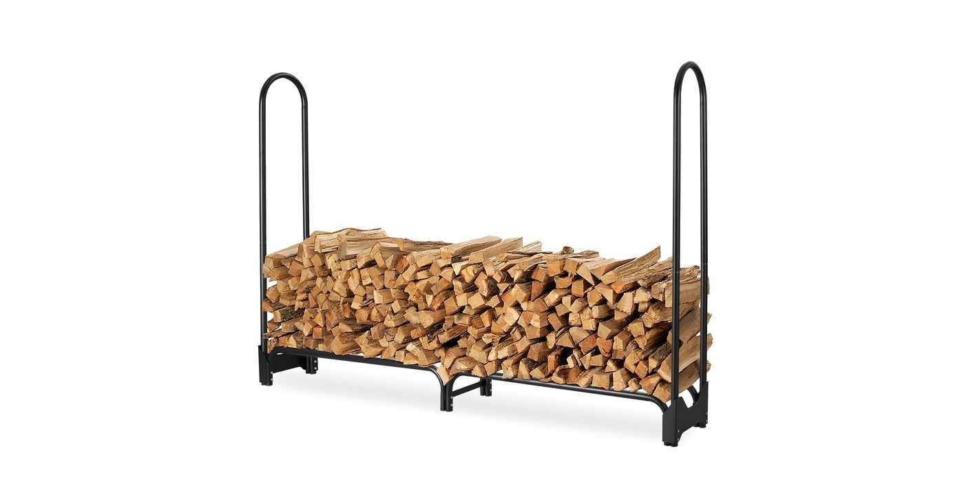 A Shelter Extra Large Tall firewood rack loaded with firewood against a white background.